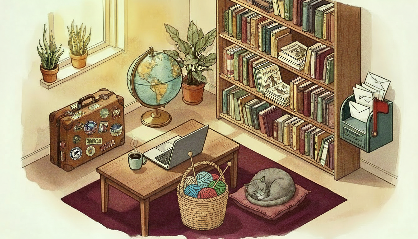 Whimsical illustrated room with desk, suitcase, bookshelf, mailbox, and sleeping cat